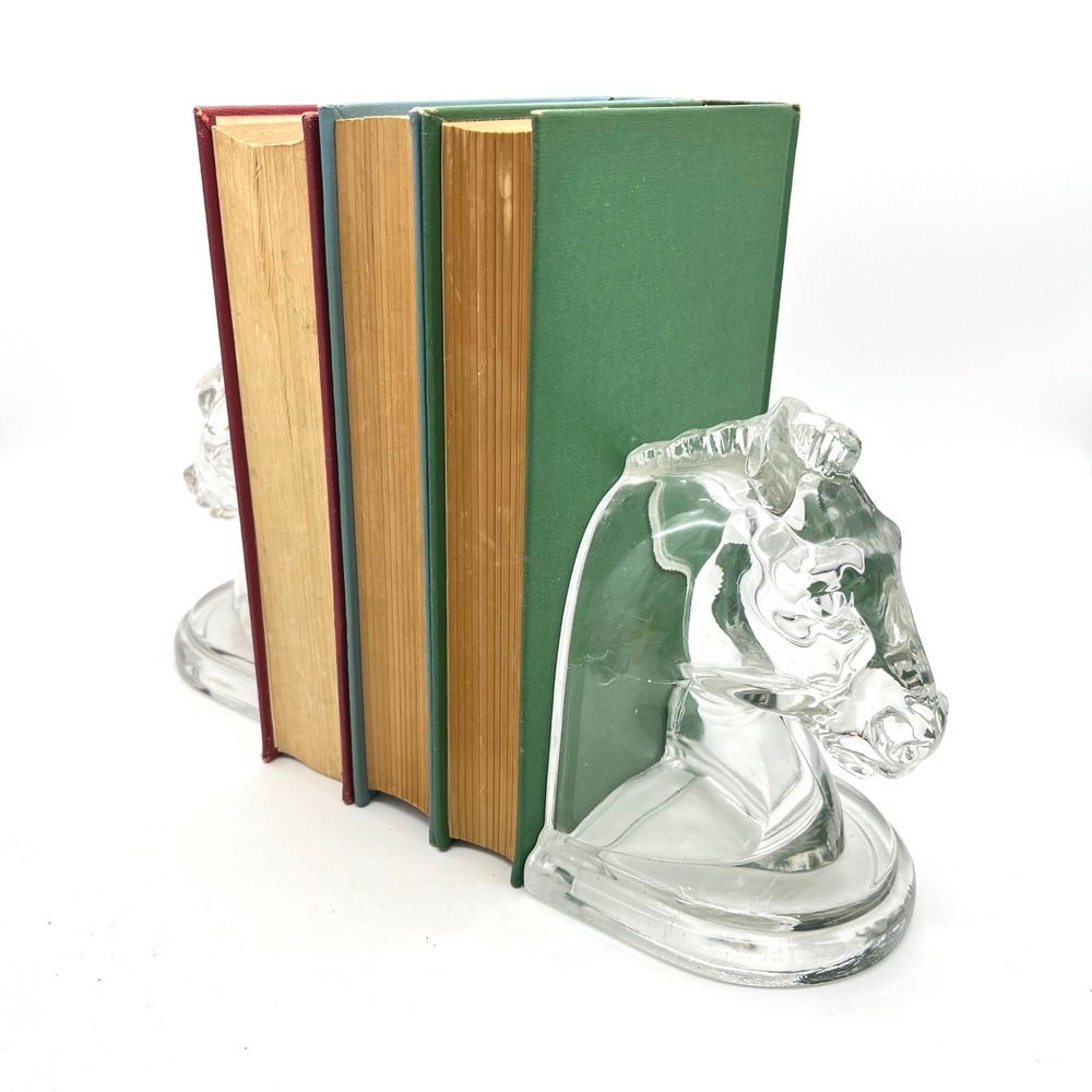Vintage Clear Glass Horse Head Bookends Equestrian Stallion Library Decor Set